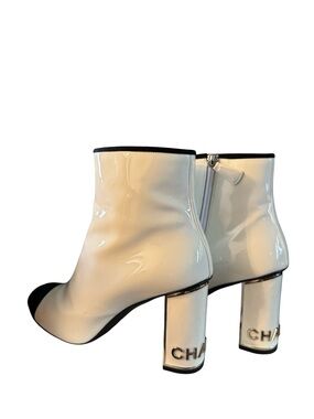CHANEL White Patent Leather Ankle Boots with Black Cap Toe